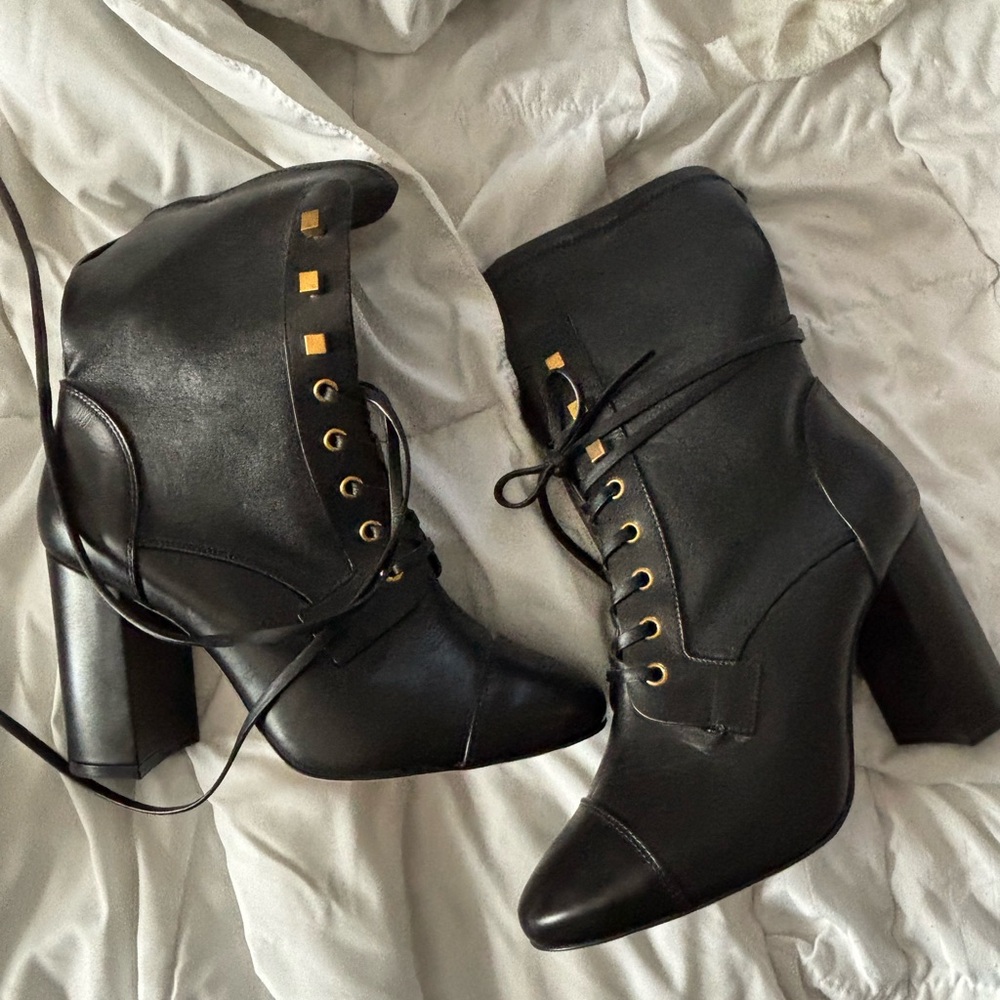 Never worn! Stuart Weitzman, Black High Heel Boots w/Gold Accents